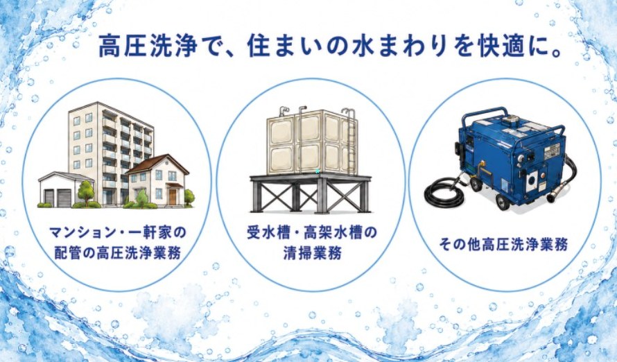 マンション・一軒家の配管の高圧洗浄業務／受水槽・高架水槽の清掃業務／その他高圧洗浄業務